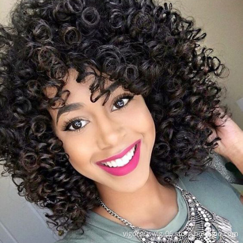 Vigorous Black Color Afro Kinky Curly Wigs with Bangs Synthetic Heat Resistant Fiber Short Curly African American Wig